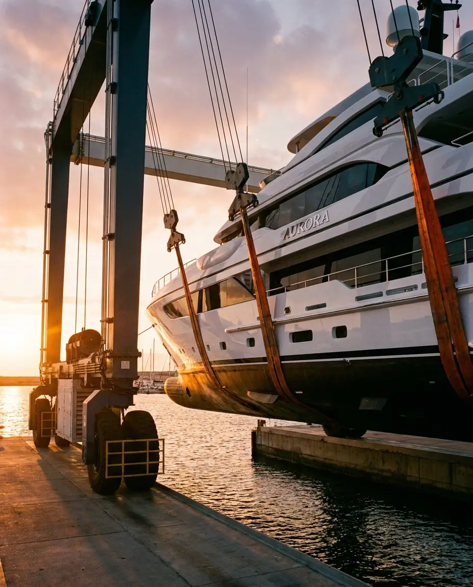 Marine travel lift carrying a luxury superyacht in slings