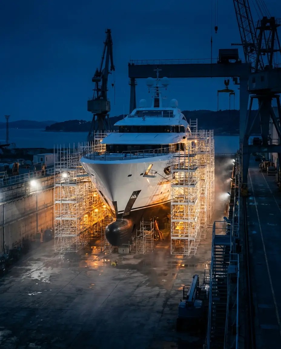 Superyacht in dry dock with scaffolding at blue hour