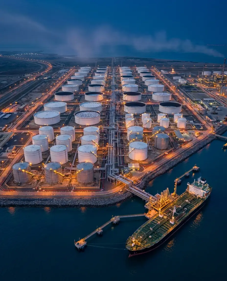 Petroleum tank farm at blue hour with tanker moored at jetty