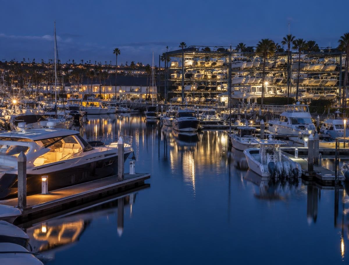Marina slips and dry stack at blue hour