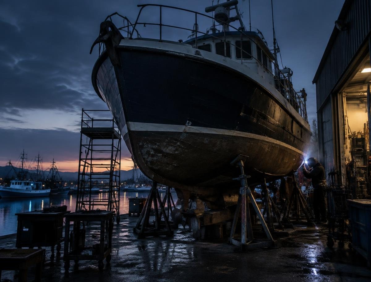 Boat repair yard with hull on stands and welder at first light
