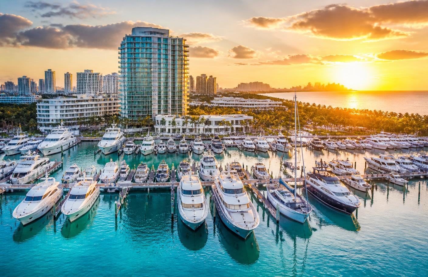 Miami Beach marina at golden hour with yachts and boats docked in turquoise water