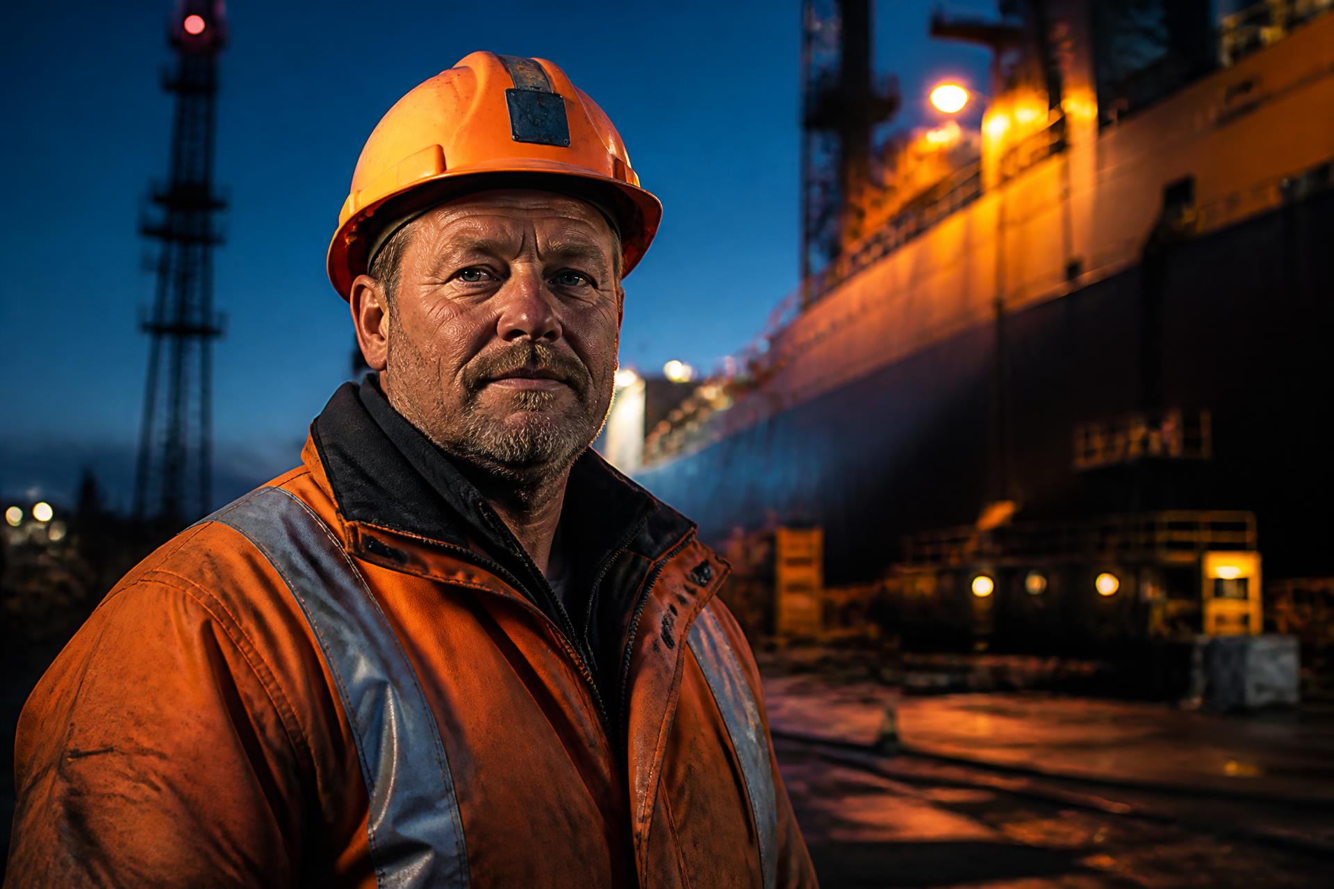 Maritime shipyard worker in high-visibility gear on a dry dock at blue hour