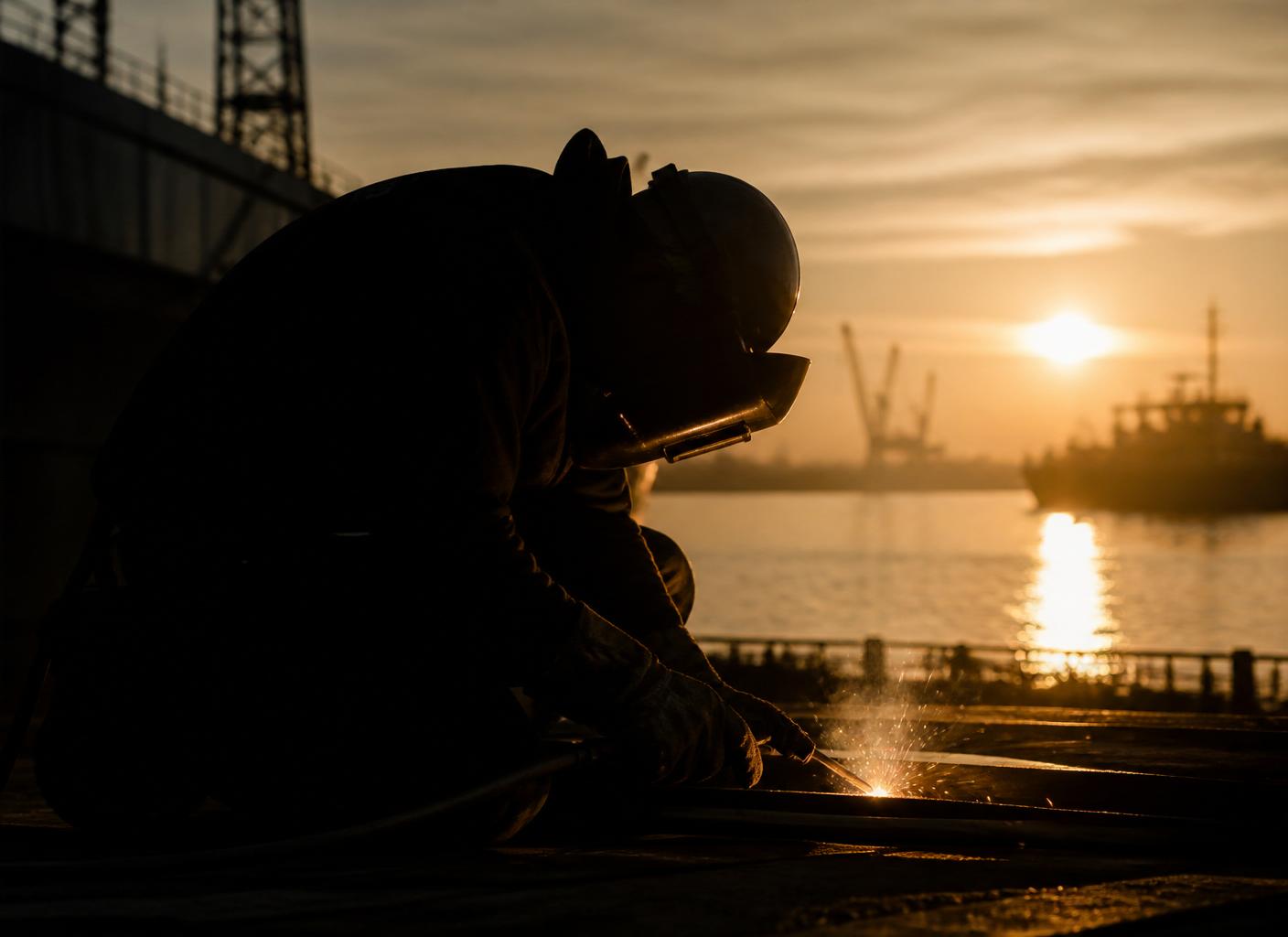 Welder in silhouette on a dry dock at dawn, returning to work