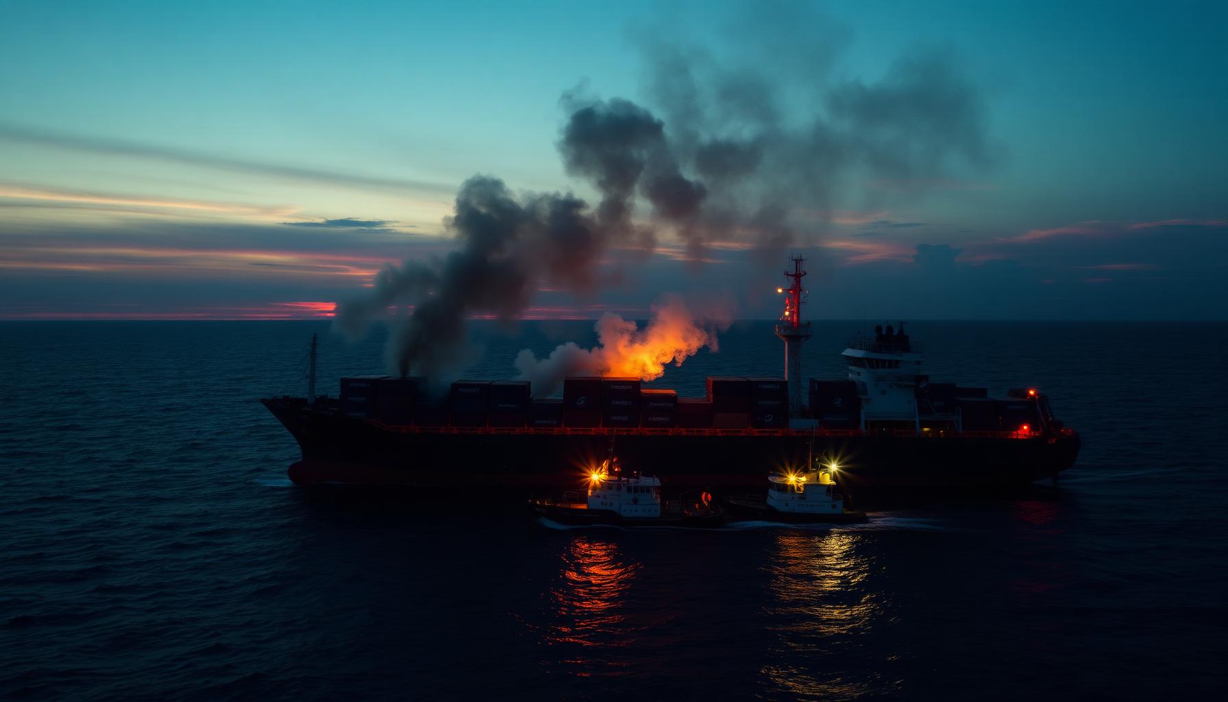 Container vessel at anchor with salvage tug alongside after an onboard fire brought under control.
