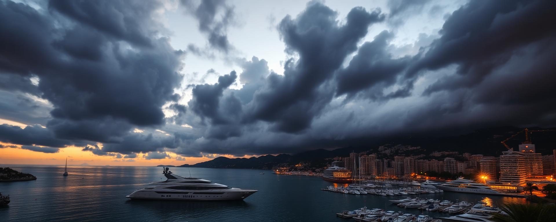Storm system approaching Monaco harbour at dusk