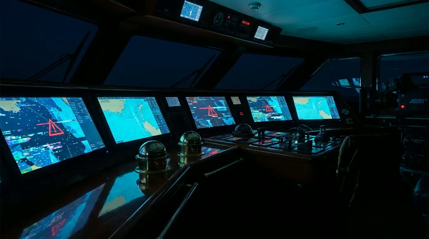Superyacht bridge at night with glowing navigation screens