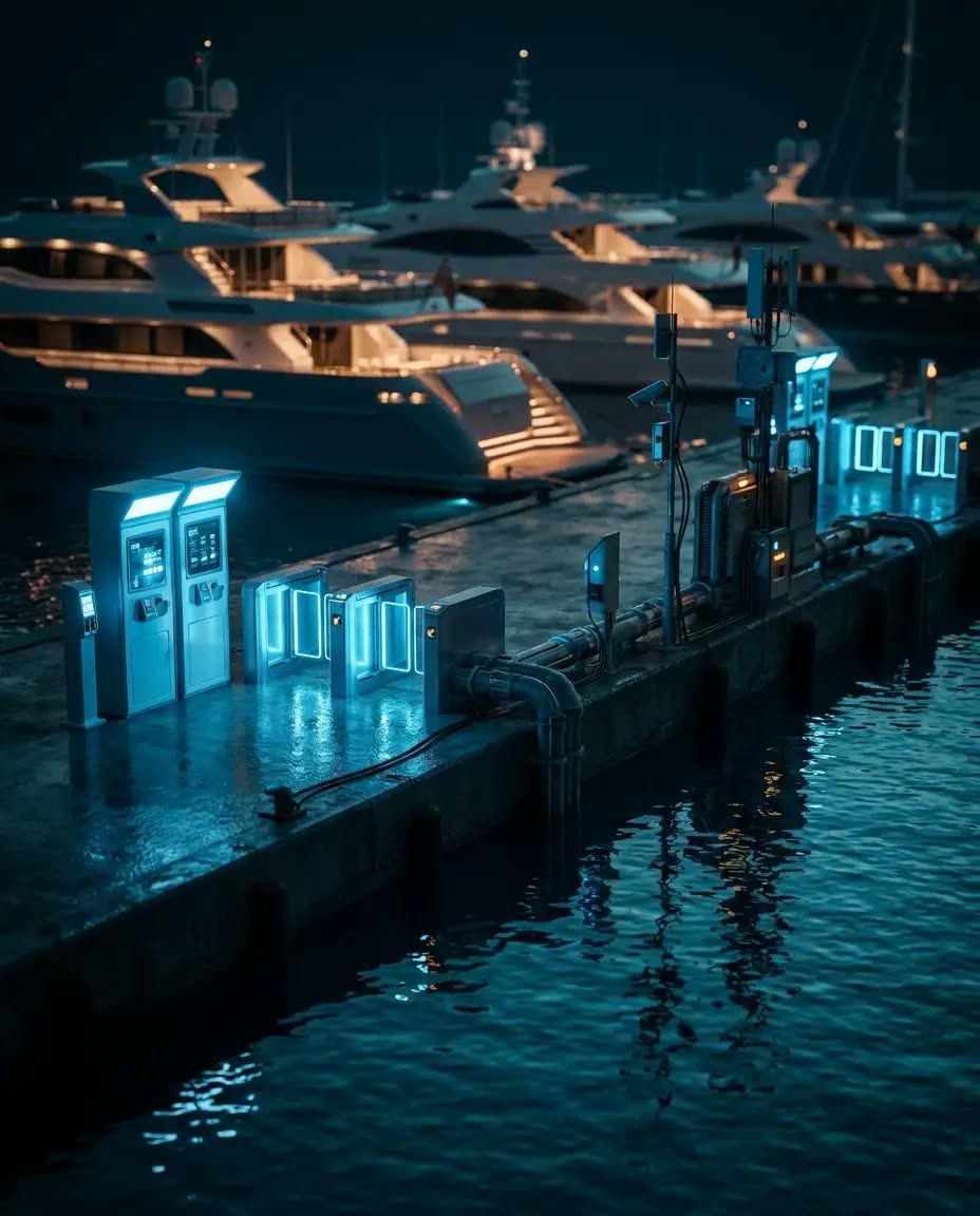 Smart marina infrastructure at night with illuminated control systems