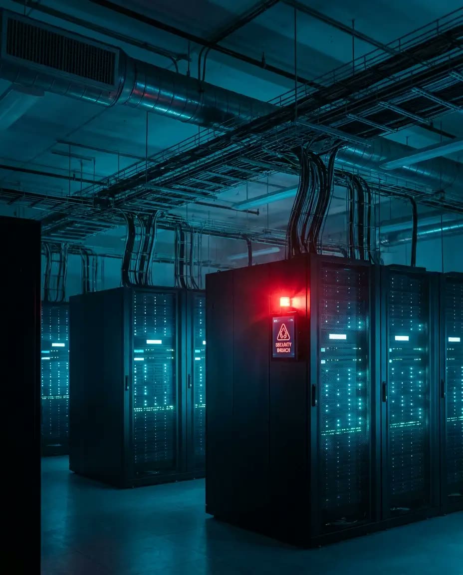 Data centre server room with security breach warning