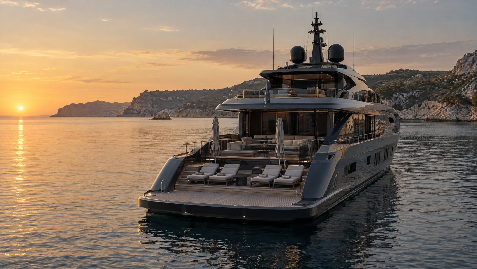 Superyacht at anchor in a Mediterranean cove at sunset