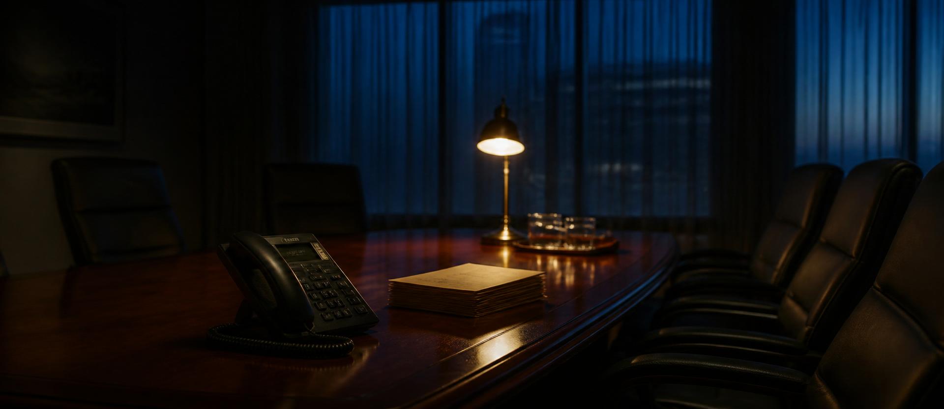 Dark, quiet corporate boardroom at night with a single secure telephone and unopened folders