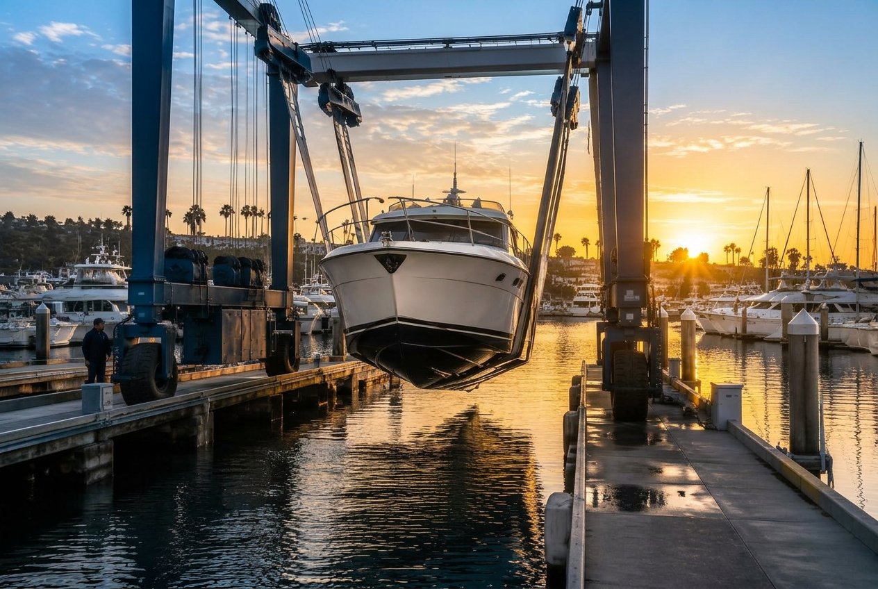 Working Southern California marina with a travel lift at golden hour